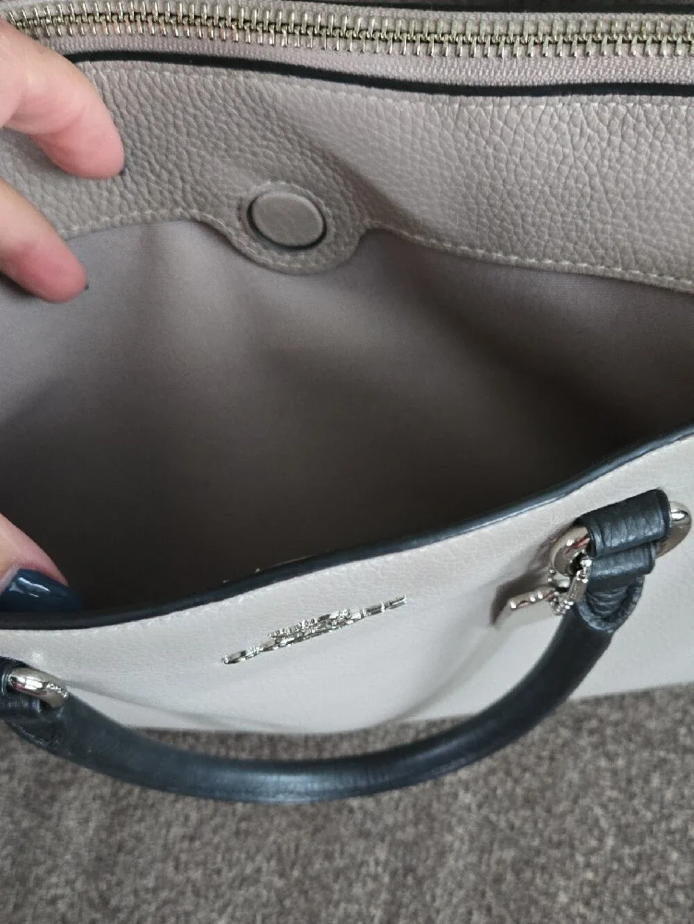 Coach Two-Tone Pebble Leather Satchel in Light Taupe, Cream With Black